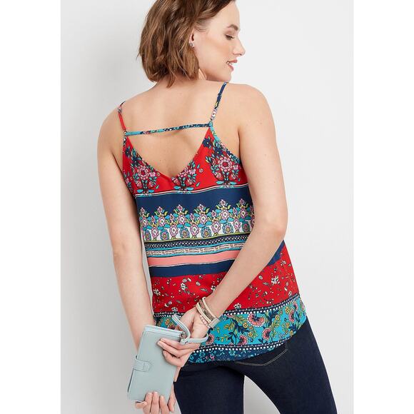 Maurices Patterned V-neck Tank Womens XL Red Mixed Print Floral Boho Shell Top - Picture 5 of 9